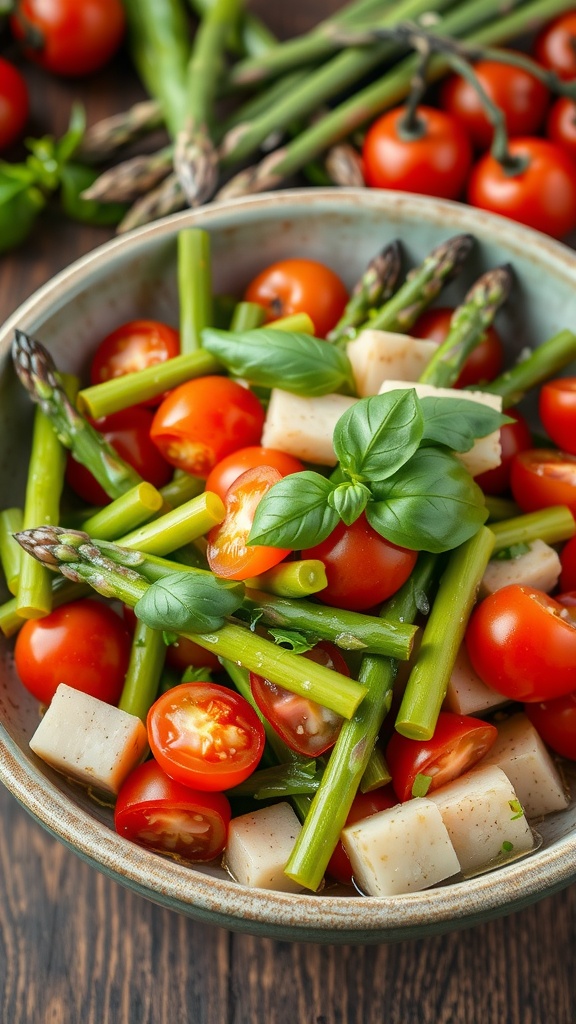 A colorful asparagus and tomato salad with basil, served in a rustic bowl on a wooden table.